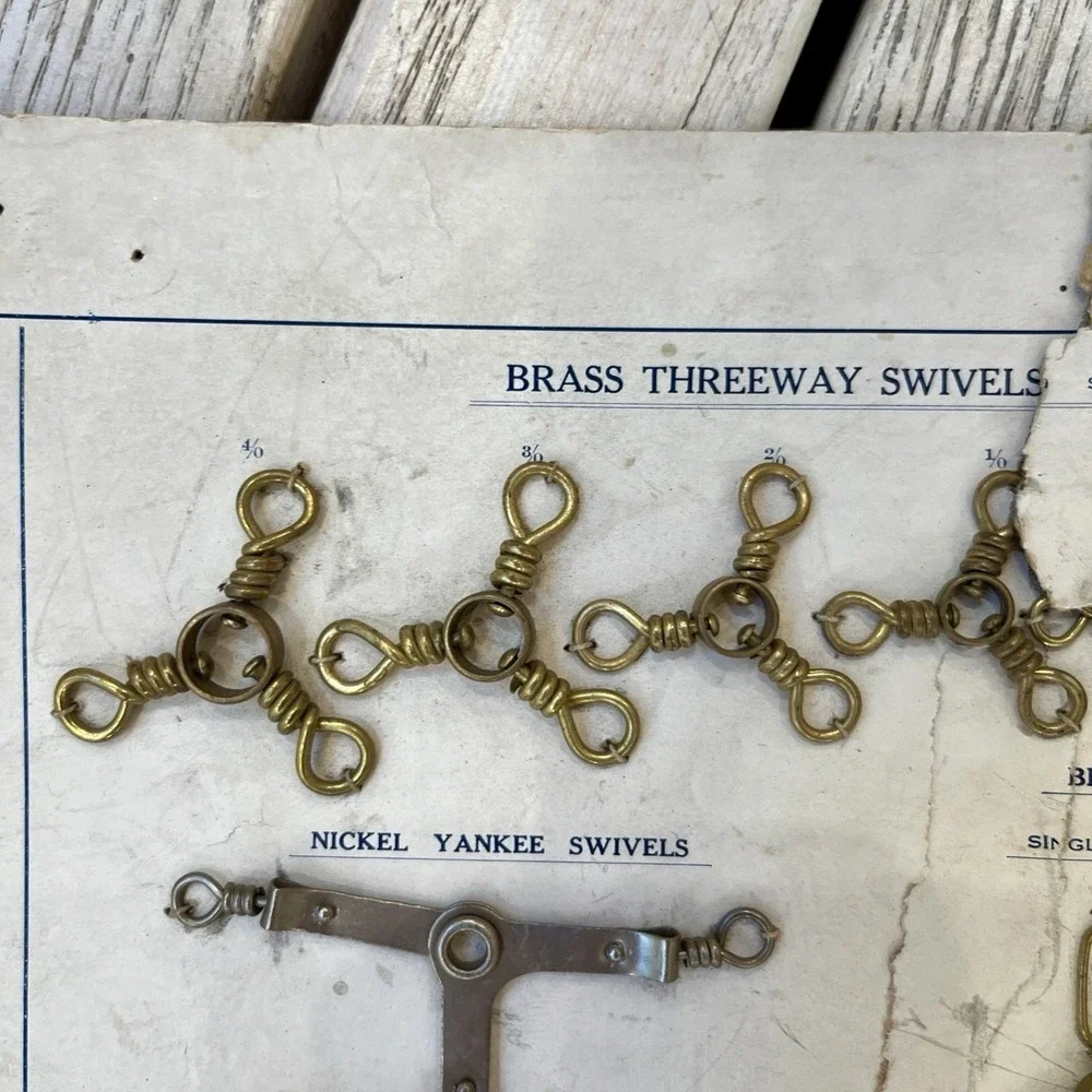 Vtg Fishing Tackle Store Rack Card Brass Threeway Nickel Yankee Swivels AS IS